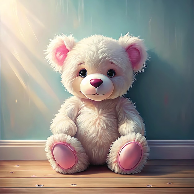 Photo white teddy bear with pink ears and a pink patch on its arm sits on a light pink wooden floor