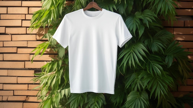 White tee template hung against lush green leaves bricks backdrop ai generated