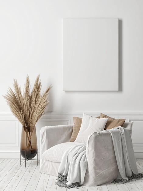 White template poster in the living room with an armchair