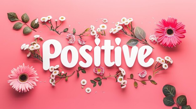 White text Positive surrounded by a lively arrangement of pink flowers