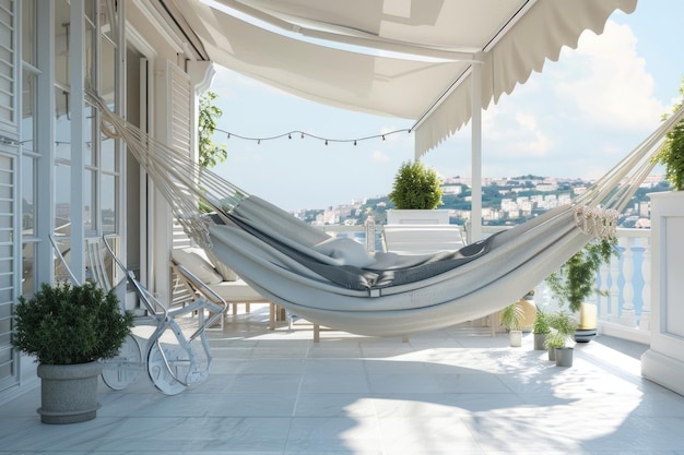 Photo white themed terrace with city views and hammock on wheels