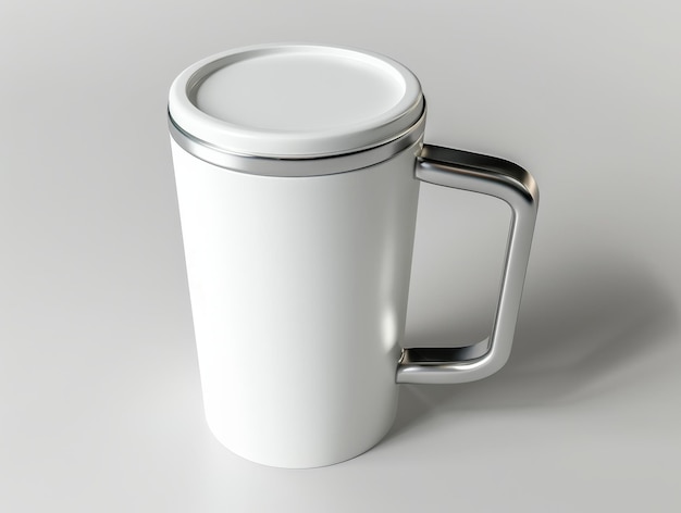 White thermal mug with a chrome handle and lid isolated on a white background