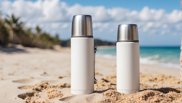 white thermos on beach sand with beach background