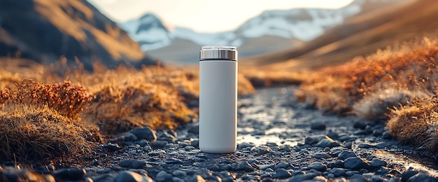 Photo white thermos bottle on a rocky mountain path