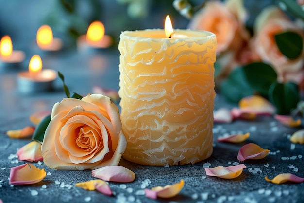 Photo white thick candle with roses and flowers petals sympathy and condolences card