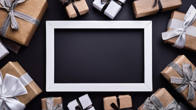 white thin frame on black background with gift boxes around frame top view