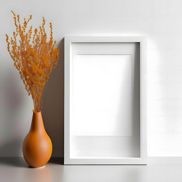 White Thin Vertical Frame Mock Up Beside Vase With Dry Orange Flowers White Wall