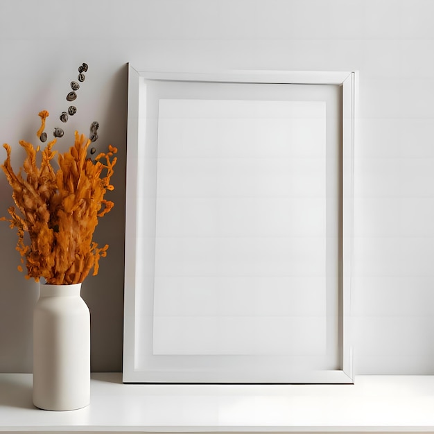 White thin vertical frame mock up beside vase with dry orange flowers white wall