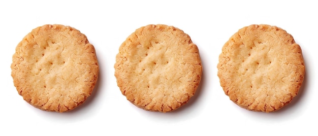 Photo on white three round shortbread biscuits are isolated generative ai