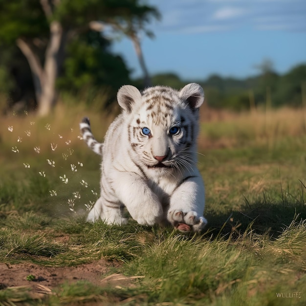 a white tiger cub with blue eyes is running in the grass