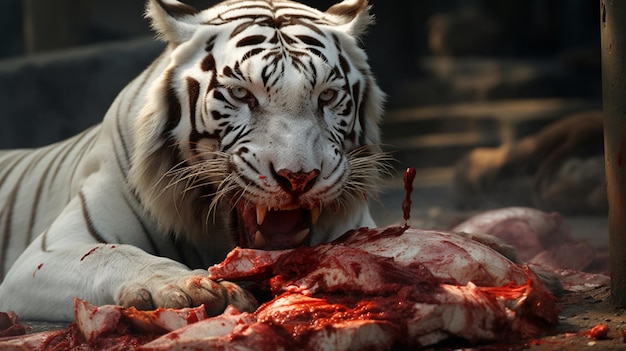 White tiger eating food natural image Generative AI