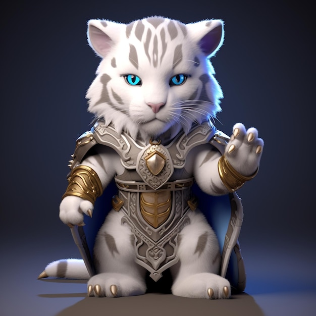 A white tiger figurine of a tiger wearing a armor with a sword