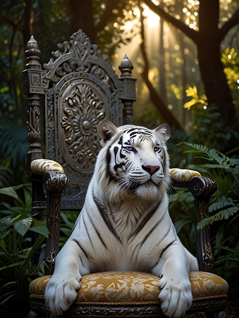 Photo a white tiger is sitting in a chair with a gold leafy pattern