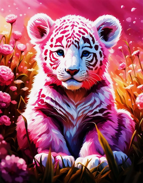 a white tiger is sitting in the grass with flowers and a tiger