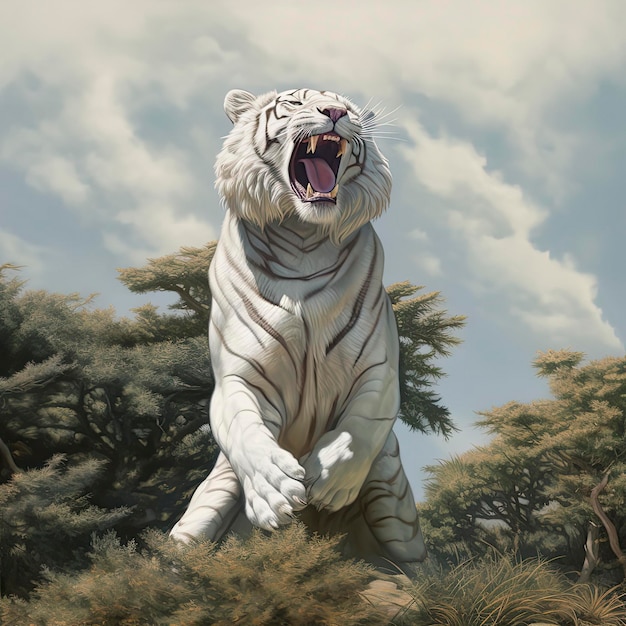 A white tiger is standing in a forest with the word " tiger " on the front.