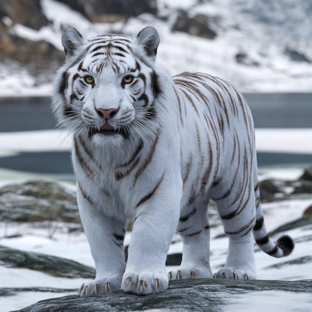 a white tiger is standing on a rock in the snow