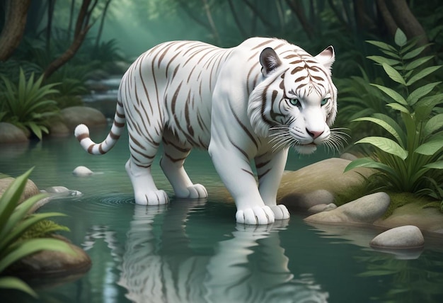 Photo a white tiger is standing in the water with trees in the background