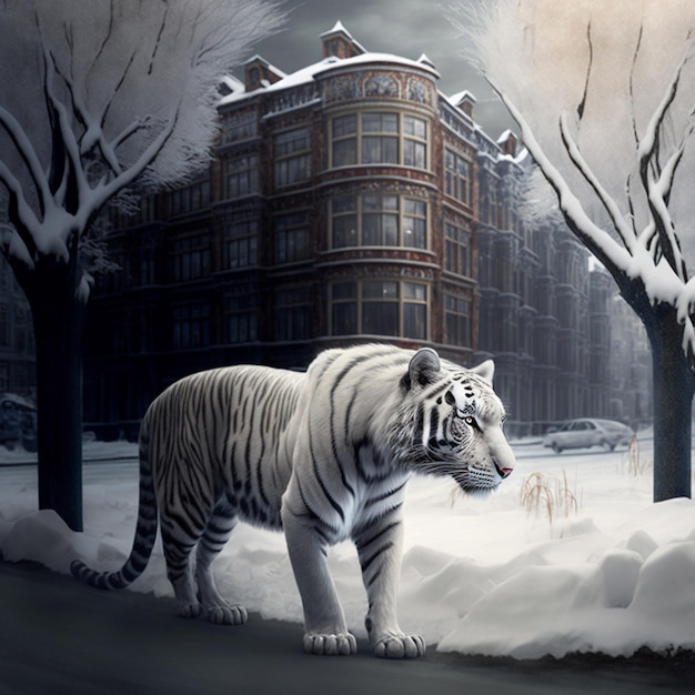 A white tiger in the middle of a deserted city