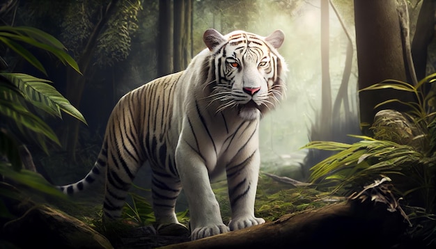 White tiger Panthera tigris resting in the jungle