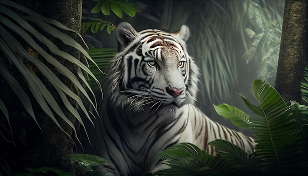 White tiger Panthera tigris resting in the jungle