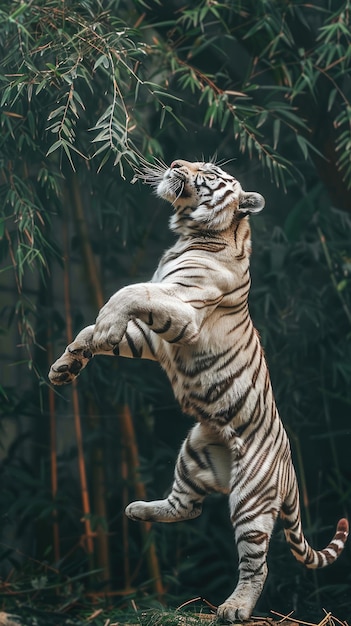 Photo white tiger reaches for a branch