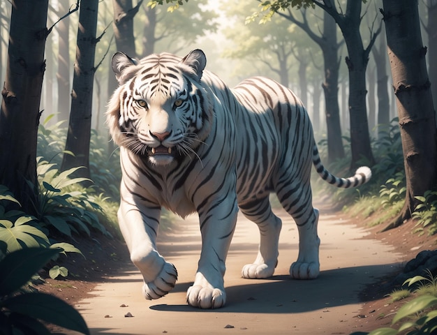 A white tiger walking in the forest