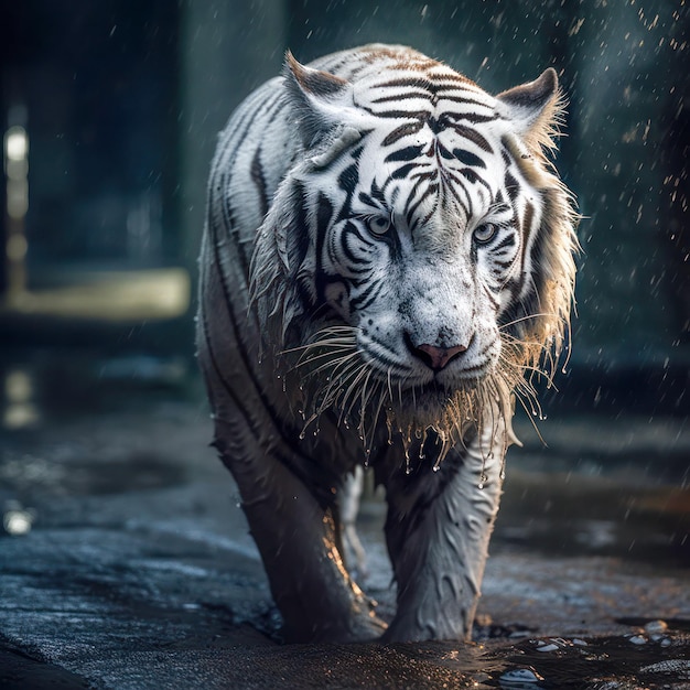 A white tiger walking in the rain with the word tiger on the front.