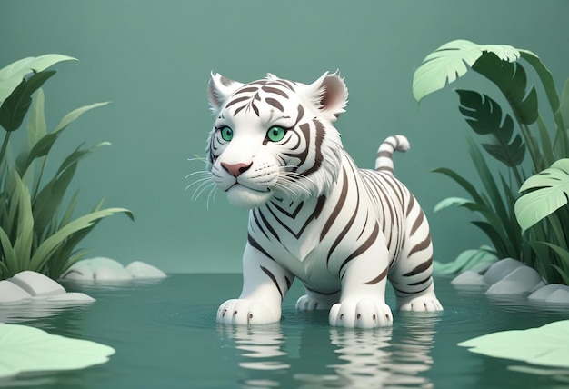 a white tiger in the water with a green background