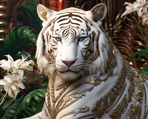 Photo white tiger wearing a gold in a jungle