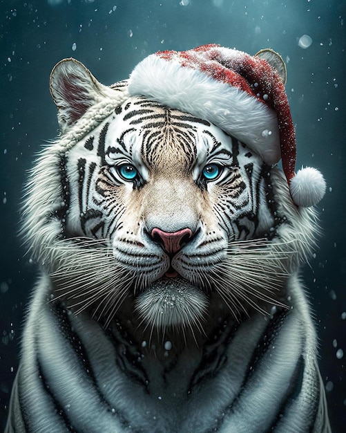 White tiger wearing a santa hat