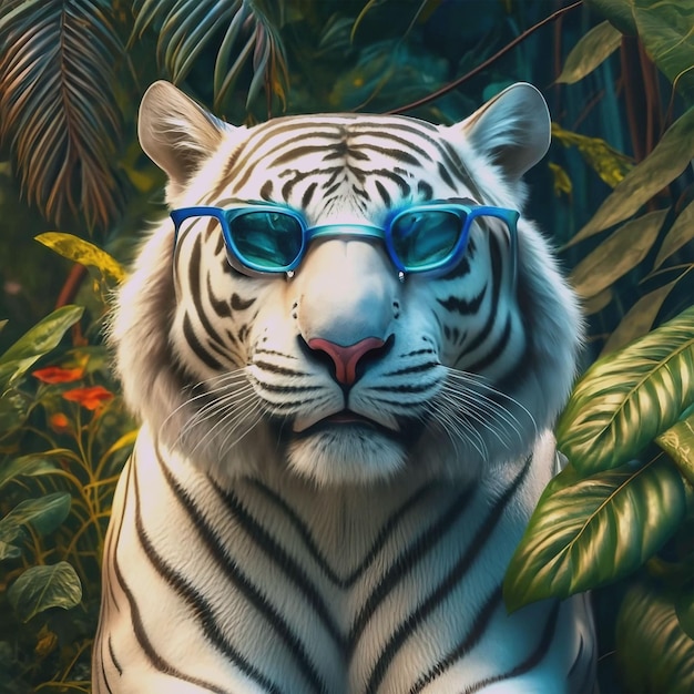 A white tiger wearing sunglasses in the jungle