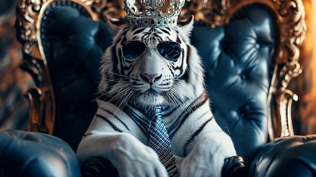 Photo white tiger wearing tie with crown and sunglasses sitting on a throne generative ai