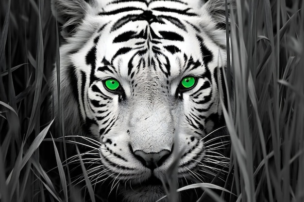 White tiger with green eyes in the grass Black and white photo