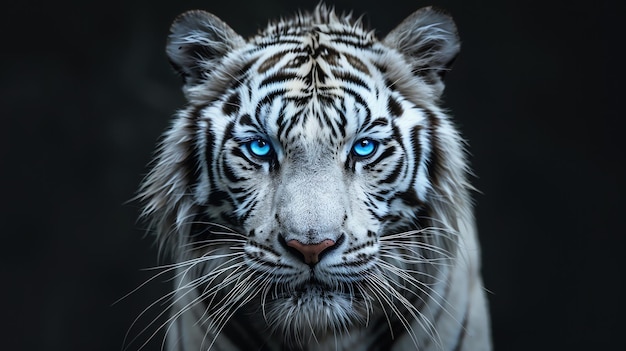 White tiger with piercing blue eyes prowling forward against a stark black background intense gaze