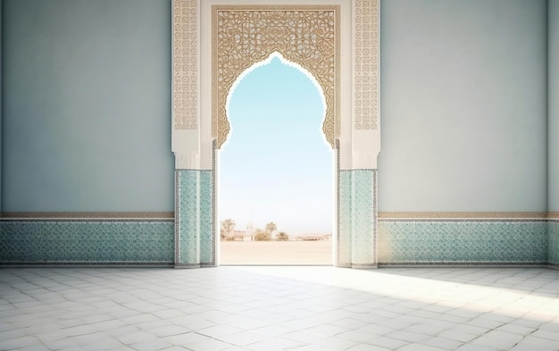 A white tile floor with a blue sky in the background.