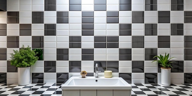 Photo white tile wall chequered background bathroom texture ceramic brick wall and floor tiles mosaic background in bathroom and kitchen clean design pattern