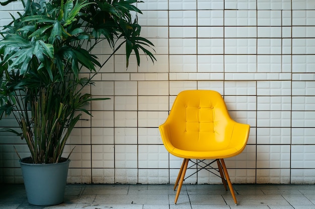 white tiled wall yellow chair Mid Century Modern style Sony Alpha