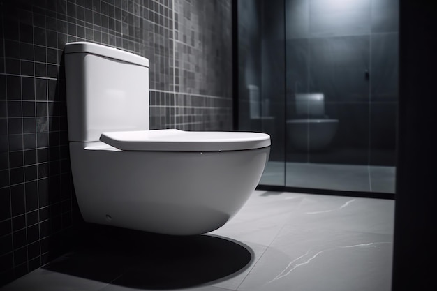 A white toilet in a bathroom with a glass door.