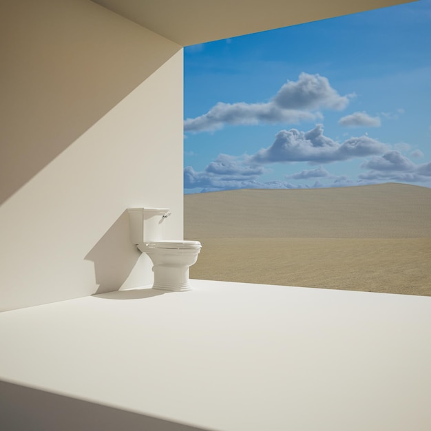 White toilet bowl on blue sky and green grass background copy space 3d illustration