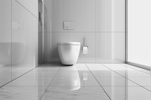 Photo white toilet bowl in modern bathroom with paper holder and toilet brush