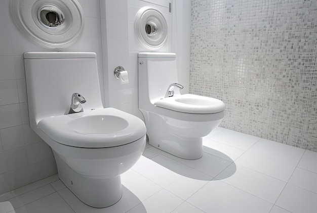 White toilet bowl with bidet shower in the bathroom