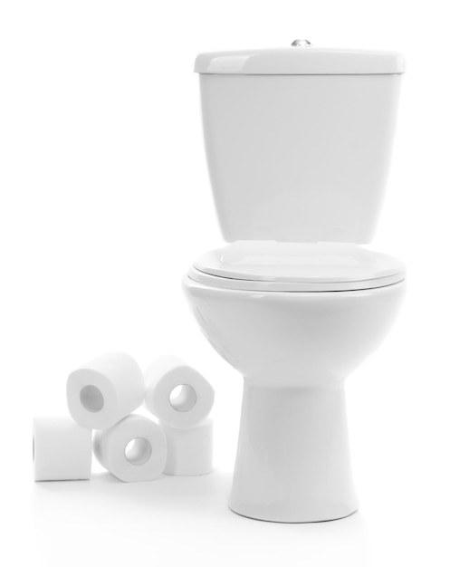 White toilet bowl with toilet paper isolated on white