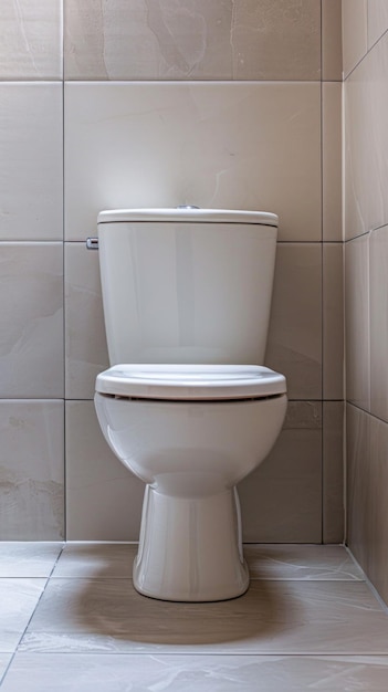 A white toilet is sitting in a bathroom with a tiled wall