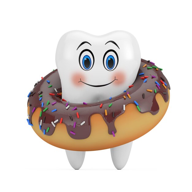 Photo white tooth cartoon character person with big chocolate glazed donut with color sprinkles 3d rendering