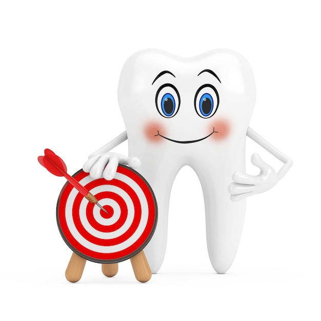 White Tooth Person Character Mascot with Archery Target and Dart in Center on a white background 3d Rendering