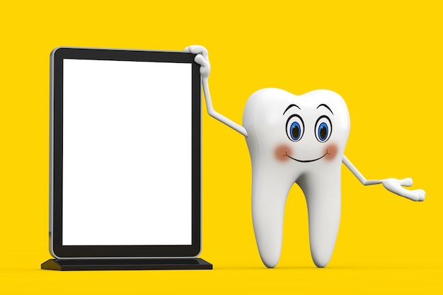 White Tooth Person Character Mascot with Blank Trade Show LCD Screen Display Stand as Template for Your Design on a yellow background 3d Rendering