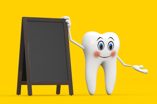 White Tooth Person Character Mascot with Blank Wooden Menu Blackboards Outdoor Display on a yellow background 3d Rendering