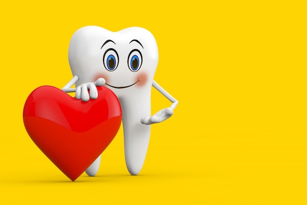 White Tooth Person Character Mascot with Red Heart on a yellow background 3d Rendering