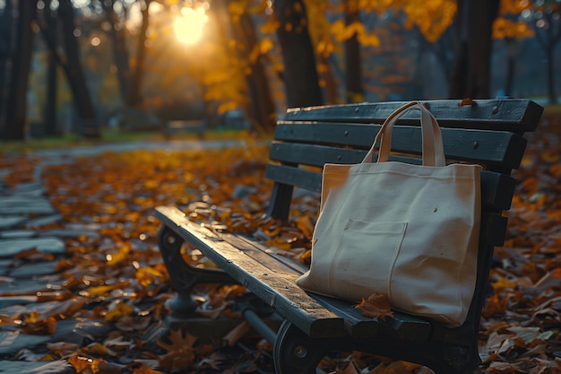 A white tote bag left on a park bench during autumn sunset