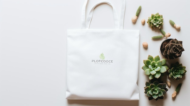 White tote bag mockup with succulents